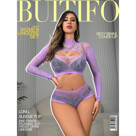 Women's Purple Lingerie Imported Front Open Bodysuit Sexy Nightwear Pajamas Set - Picture 3 of 6